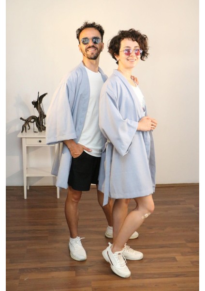 Unisex Kısa Kimono, Keten-Kot Karışımı Kumaş, Mavi Renk