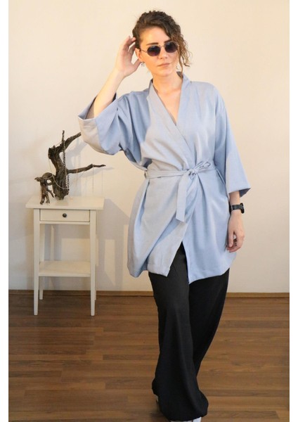 Unisex Kısa Kimono, Keten-Kot Karışımı Kumaş, Mavi Renk