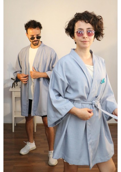 Unisex Kısa Kimono, Keten-Kot Karışımı Kumaş, Mavi Renk