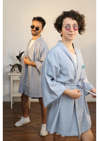 Unisex Kısa Kimono, Keten-Kot Karışımı Kumaş, Mavi Renk