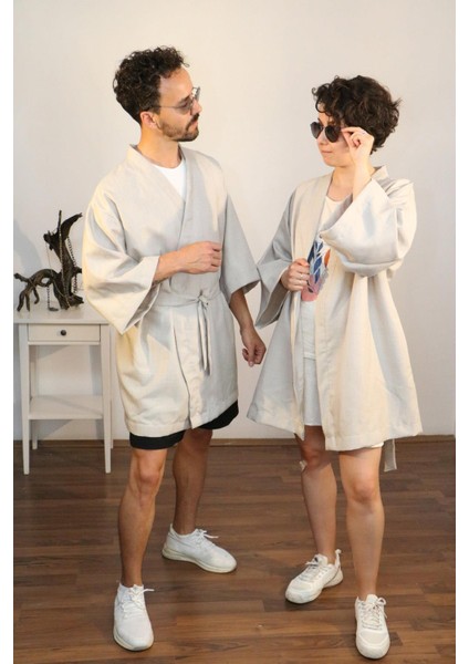 Unisex Kısa Kimono, Keten-Kot Karışımı Kumaş, Açık Gri Renk