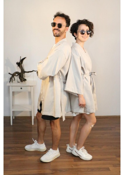 Unisex Kısa Kimono, Keten-Kot Karışımı Kumaş, Açık Gri Renk