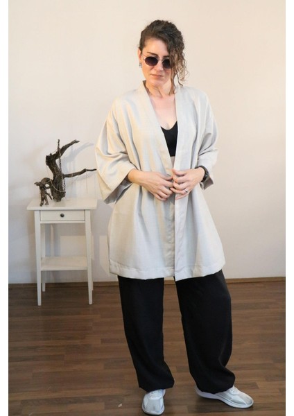 Unisex Kısa Kimono, Keten-Kot Karışımı Kumaş, Açık Gri Renk