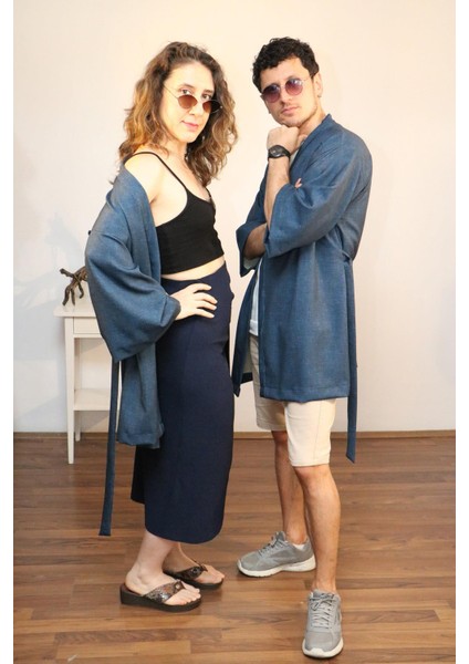 Unisex Kısa Kimono, Keten-Kot Karışımı Kumaş, Lacivert Renk