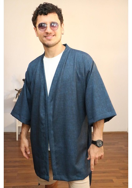 Unisex Kısa Kimono, Keten-Kot Karışımı Kumaş, Lacivert Renk