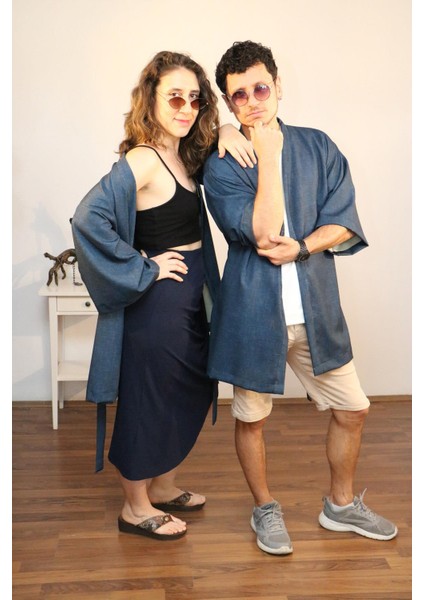 Unisex Kısa Kimono, Keten-Kot Karışımı Kumaş, Lacivert Renk