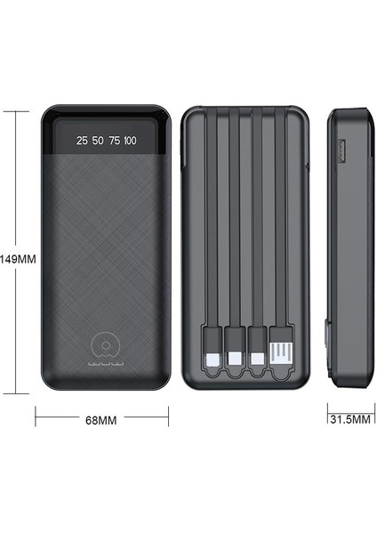 BN45 20000MAH Powerbank LED Ekranlı Type-C iPhone USB Micro USB Kablolu Tüm Uçlar