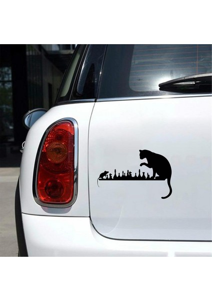 Satranç Oynayan Kedi Fare Araba Sticker Siyah 18X12 cm