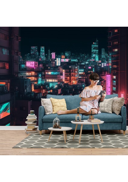 Neon Renkli Gece Tokyo Şehri Mimarileri Poster Duvar Kağıdı Tek Parça Kolay Montaj