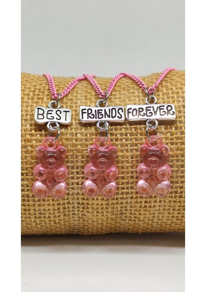 Jelibon Ayıcık Bff Kolye Pembe Zincirli Best Friends Forever Yazılı 3'lü Kolye