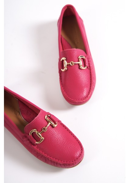 Hakiki Deri 203-FS Oval Burunlu Toka Detay Kadın Fuşya Babet & Loafer Ayakkabı