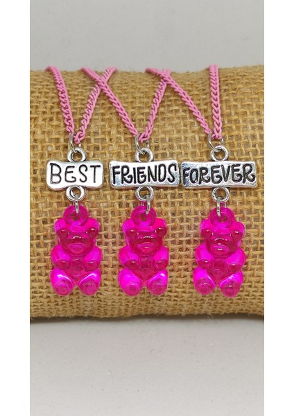 Jelibon Ayıcık Bff Kolye Pembe Zincirli Best Friends Forever Yazılı 3'lü Kolye