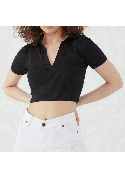 Gömlek Yaka Crop Bluz