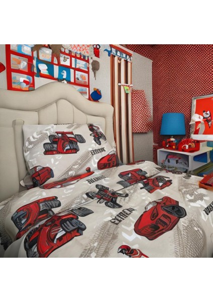 Arkelitehome Erkek Çocuk Kırmızı Arabalı Motorlu 4 Parça %100 Pamuklu Tek Kişilik Nevresim Takımı
