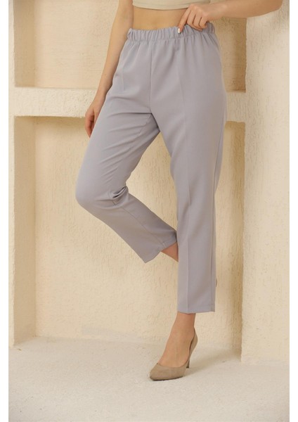 1005 Gri Havuç Paça Beli Lastikli Dokuma Kadın Pantolon modelleri