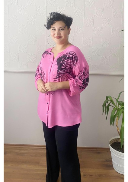 Baskılı Taş Detay Büyük Beden Gömlek Bluz Fuşya-Pembe fiyatları