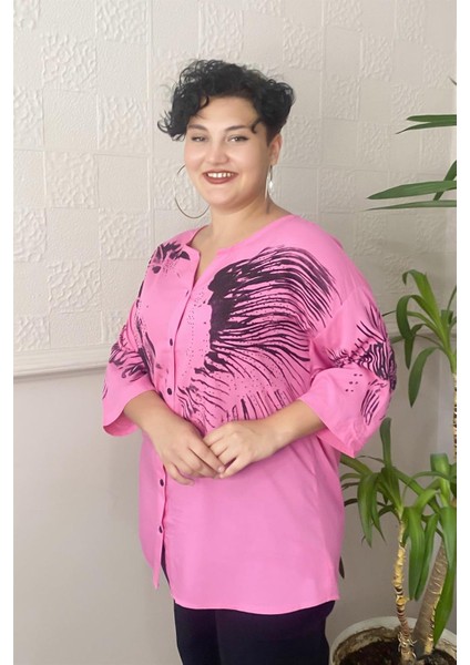 Baskılı Taş Detay Büyük Beden Gömlek Bluz Fuşya-Pembe modelleri