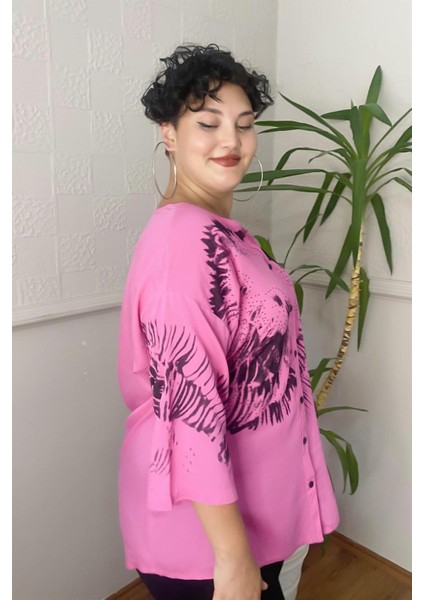 Baskılı Taş Detay Büyük Beden Gömlek Bluz Fuşya-Pembe fırsatları