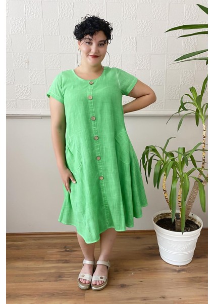 Düğme Detay Yıkamalı Büyük Beden Elbise Yeşil