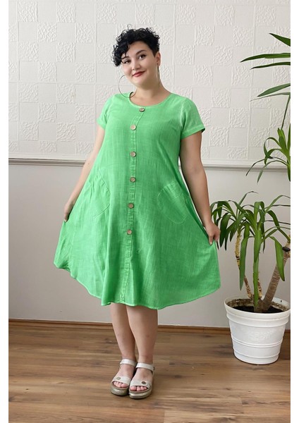 Düğme Detay Yıkamalı Büyük Beden Elbise Yeşil fiyatları