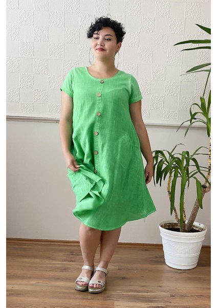 Düğme Detay Yıkamalı Büyük Beden Elbise Yeşil modelleri