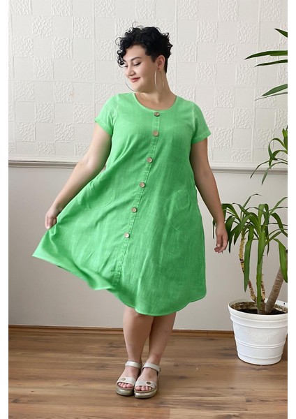Düğme Detay Yıkamalı Büyük Beden Elbise Yeşil fırsatları