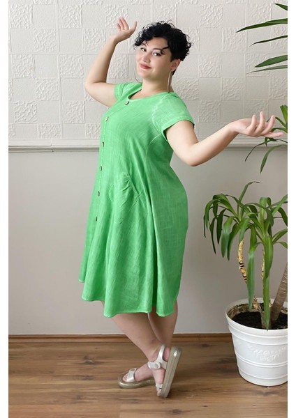 Düğme Detay Yıkamalı Büyük Beden Elbise Yeşil indirimleri