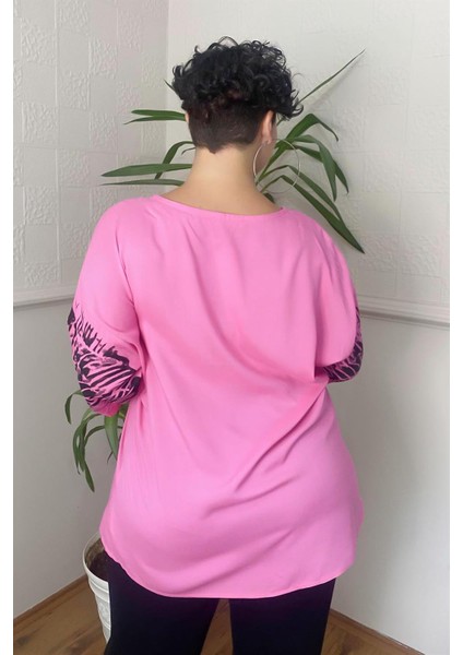 Baskılı Taş Detay Büyük Beden Gömlek Bluz Fuşya-Pembe indirimleri