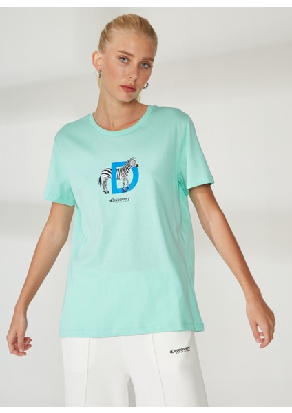 Bisiklet Yaka Baskılı Mint Kadın T-Shirt W-MERCAX