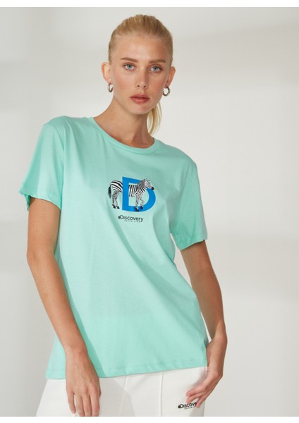 Bisiklet Yaka Baskılı Mint Kadın T-Shirt W-MERCAX