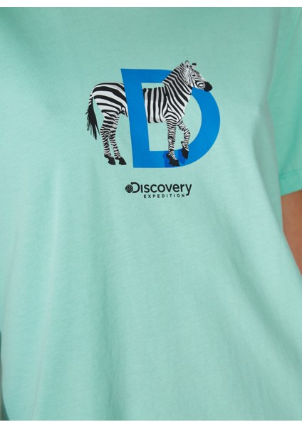 Bisiklet Yaka Baskılı Mint Kadın T-Shirt W-MERCAX