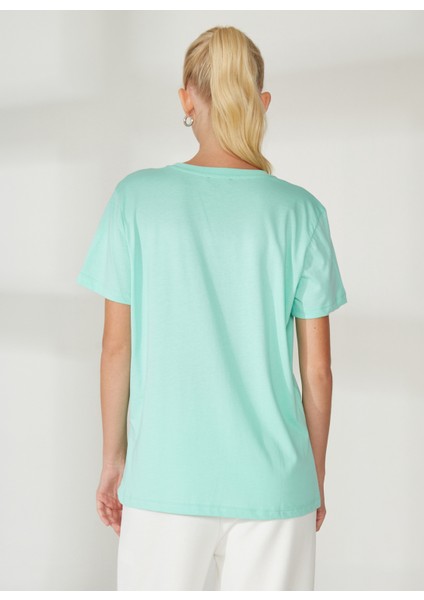 Bisiklet Yaka Baskılı Mint Kadın T-Shirt W-MERCAX