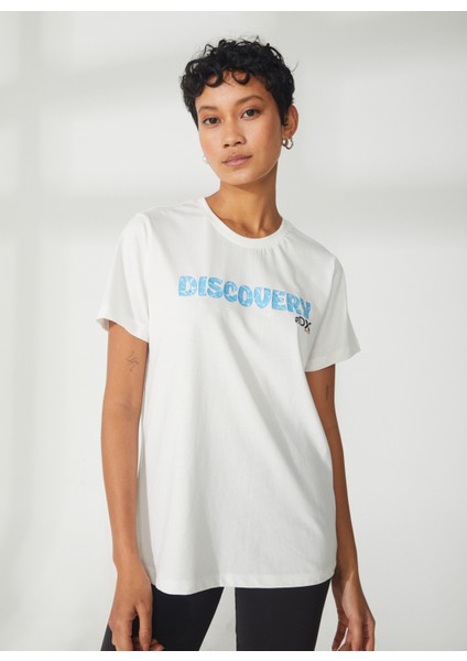 Bisiklet Yaka Baskılı Kırık Beyaz Kadın T-Shirt W-HOLDEN