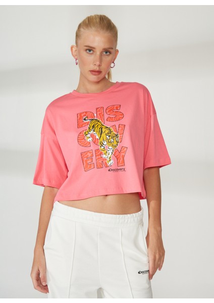 Bisiklet Yaka Baskılı Pembe Kadın T-Shirt W-ROTA modelleri