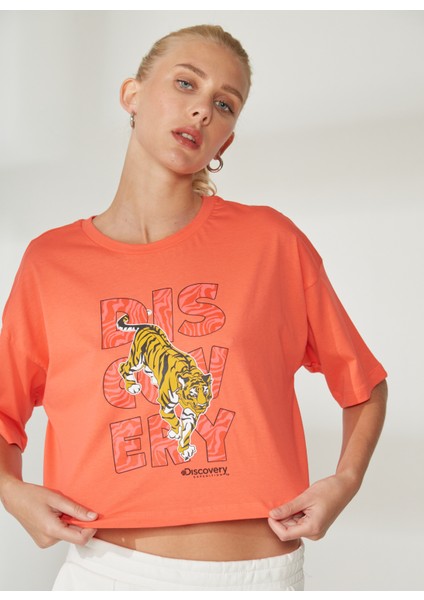 Bisiklet Yaka Baskılı Turuncu Kadın T-Shirt W-ROTA