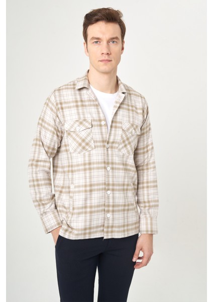 Regular Fit Bej Flanel Erkek Gömlek GM22K222103_D07