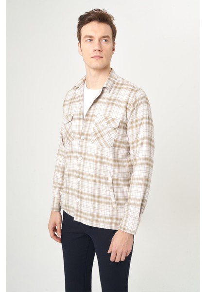 Regular Fit Bej Flanel Erkek Gömlek GM22K222103_D07