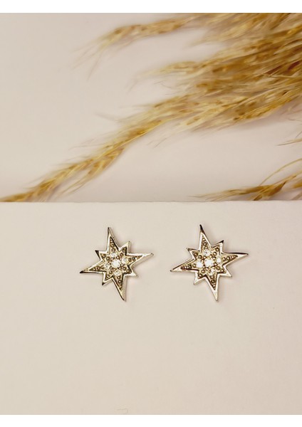925 Ayar Gümüş Zirkon Taşlı Kutup Yıldızı Çivili Trend Kadın Küpe Yılbaşı Yeni Yıl Hediye