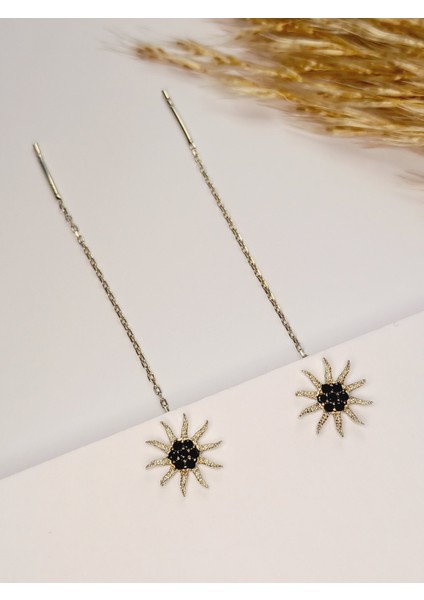 925 Ayar Gümüş Zirkon Taşlı Siyah Mineli Güneş Kadın Trend Zincir Küpe Yılbaşı Yeni Yıl Hediye
