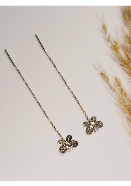 925 Ayar Gümüş Zirkon Taşlı Kelebek Trend Zincir Kadın Küpe Yılbaşı Yeni Yıl Hediye