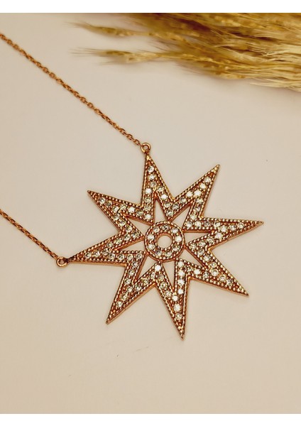 925 Ayar Gümüş Gold Zirkon Taşlı Büyük Kutup Yıldızı Trend Kadın Kolye Yılbaşı Yeni Yıl Hediye