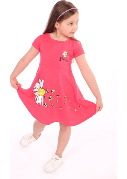 Toontoy Kız Çocuk Göğsü ve Etek Kısmı Daisy Yazılı Arı Baskılı Elbise