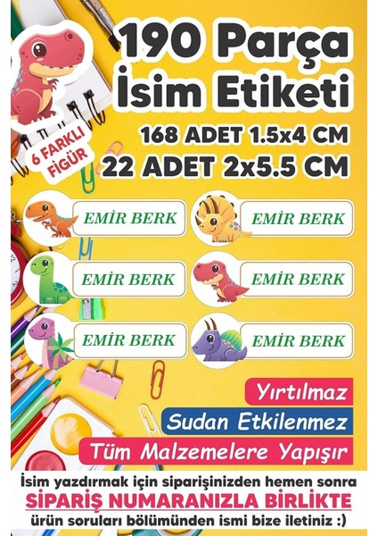 Okul Etiketi Kalem Defter Etiketi Dinazor Özel Isim Yazılabilen Etiket - 190 Adet