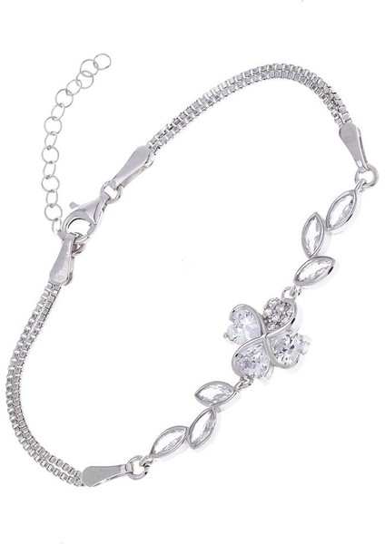 Kalp Yonca Sarmaşık Model Zirkon Taşlı 925 Ayar Gümüş Kadın Bileklik