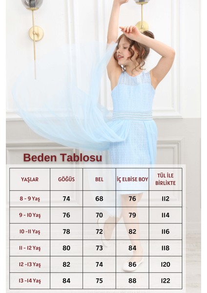 Dantel Güpür Desenli Belden Tüllü Kız Çocuk Abiye Elbise Meuniyet KIYAFETI-ABY-0001