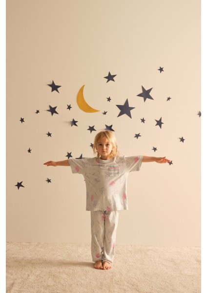 Kız Çocuk Pamuklu Kısa Kollu Alt Uzun Pijama Takımı