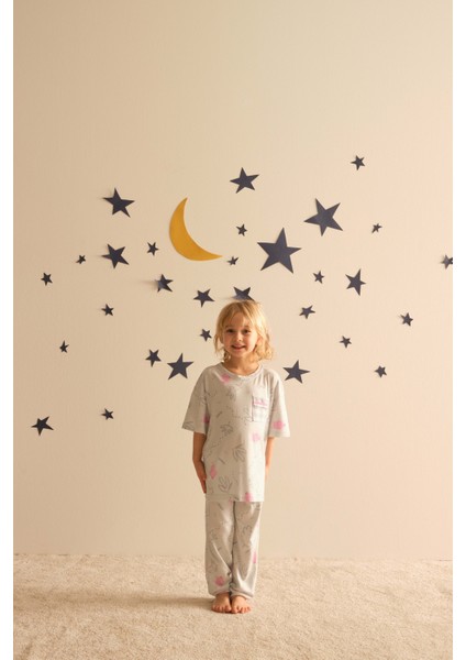 Kız Çocuk Pamuklu Kısa Kollu Alt Uzun Pijama Takımı