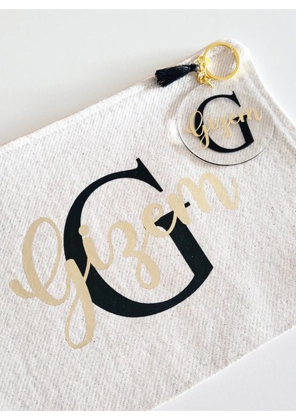 Kişiye Özel İsme Özel Altın Sarısı Bez Çanta Clutch ve Anahtarlık Seti