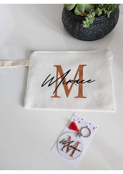 Kişiye Özel İsme Özel Siyah Kahverengi Renkli Bez Çanta Clutch Ve Anahtarlık Seti