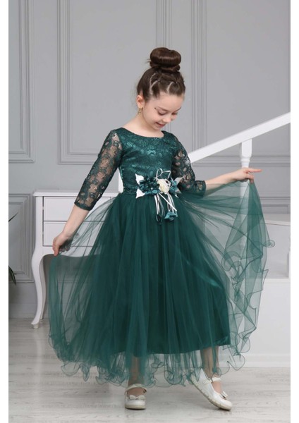 Üst Kısmı ve Kolları Dantel Güpür Işlemeli Çiçek Detaylı Çocuk Abiye Elbise GELINLIK-ABY-0030